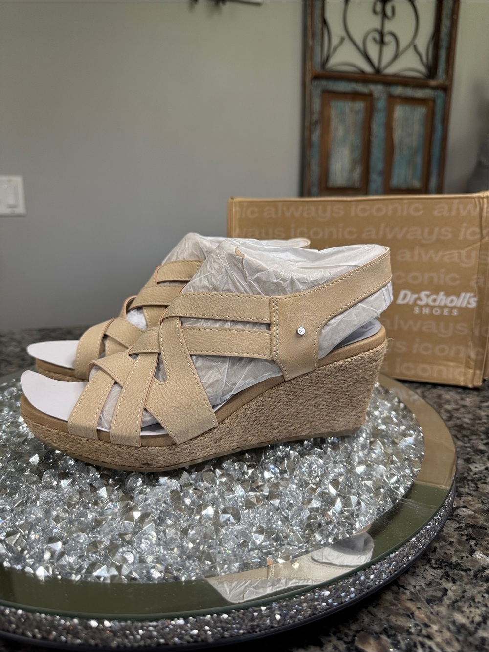 Dr. Scholl's Everlasting leather tan Woven Espadrille Wedge Sandals NEW 8